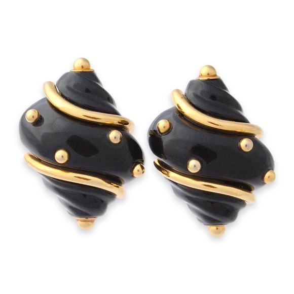 Kenneth Jay Lane Black Lucite Shell Clip On Earrings Gold Plated Dots Large - Picture 1 of 6